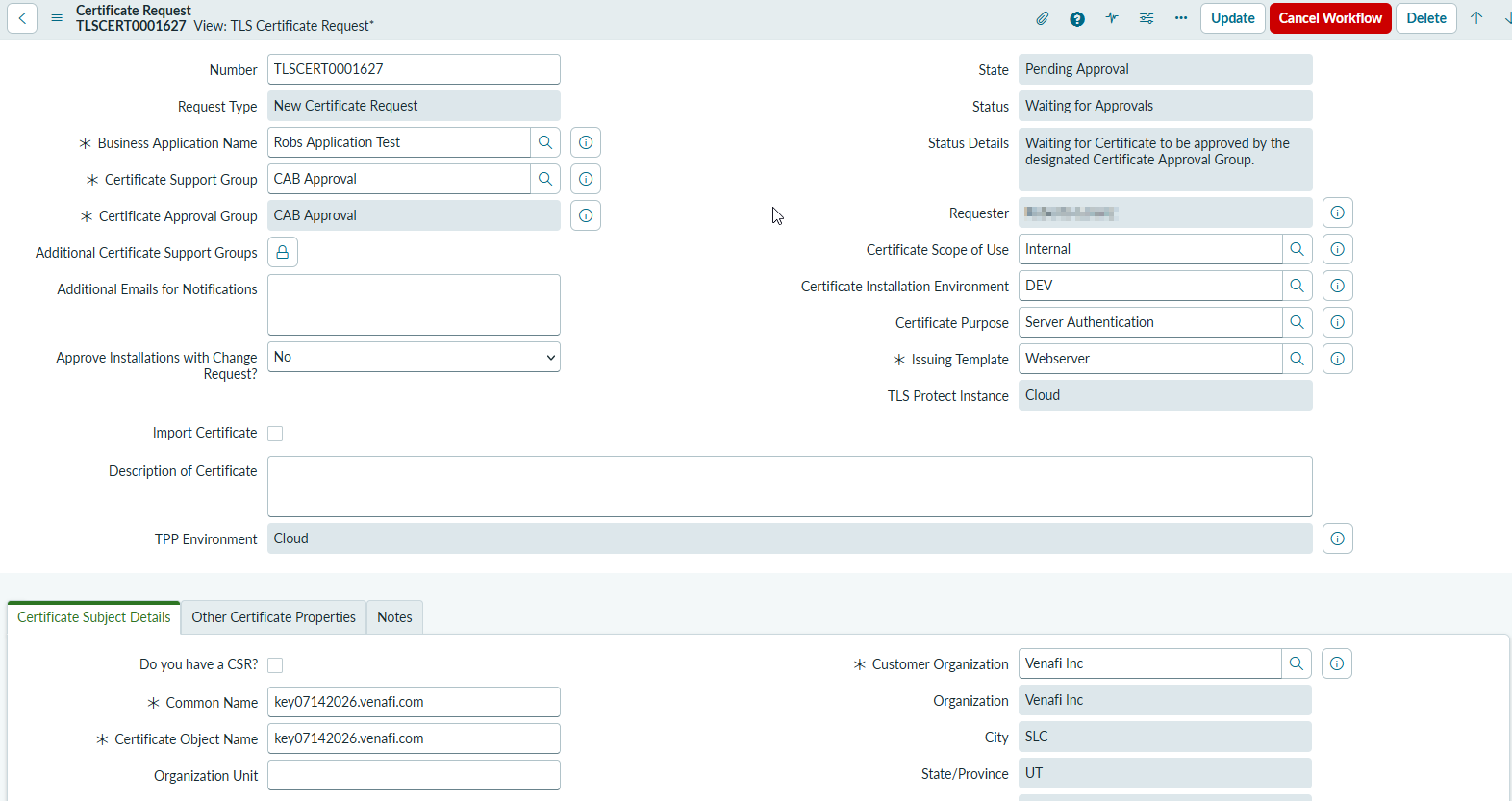 MIPS certificate request form in ServiceNow capturing business application, approval group, purpose and certificate details