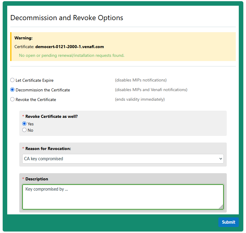 MIPS decommission and revoke options in ServiceNow with choices to let expire, decommission or revoke a certificate