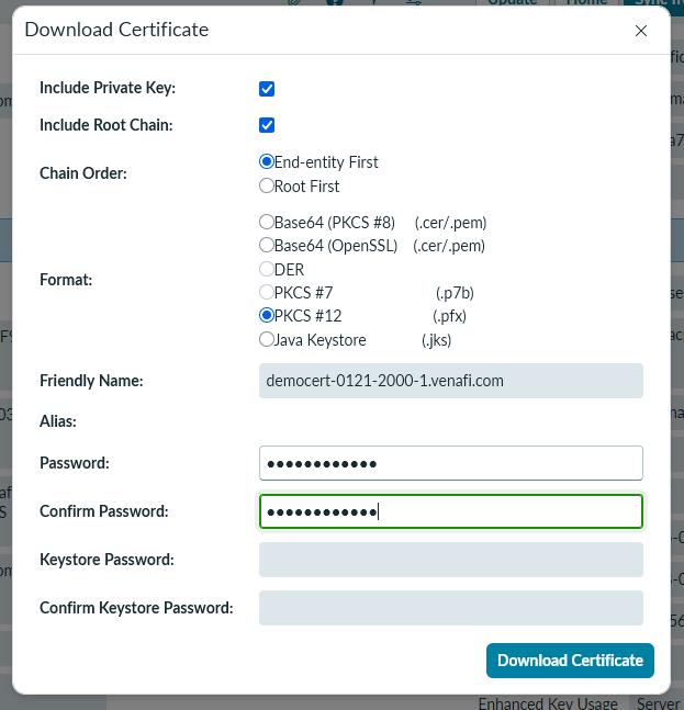 MIPS download certificate dialog in ServiceNow offering multiple export formats with access controls