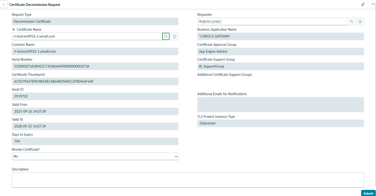 MIPS certificate decommission request in ServiceNow showing certificate details and revocation option