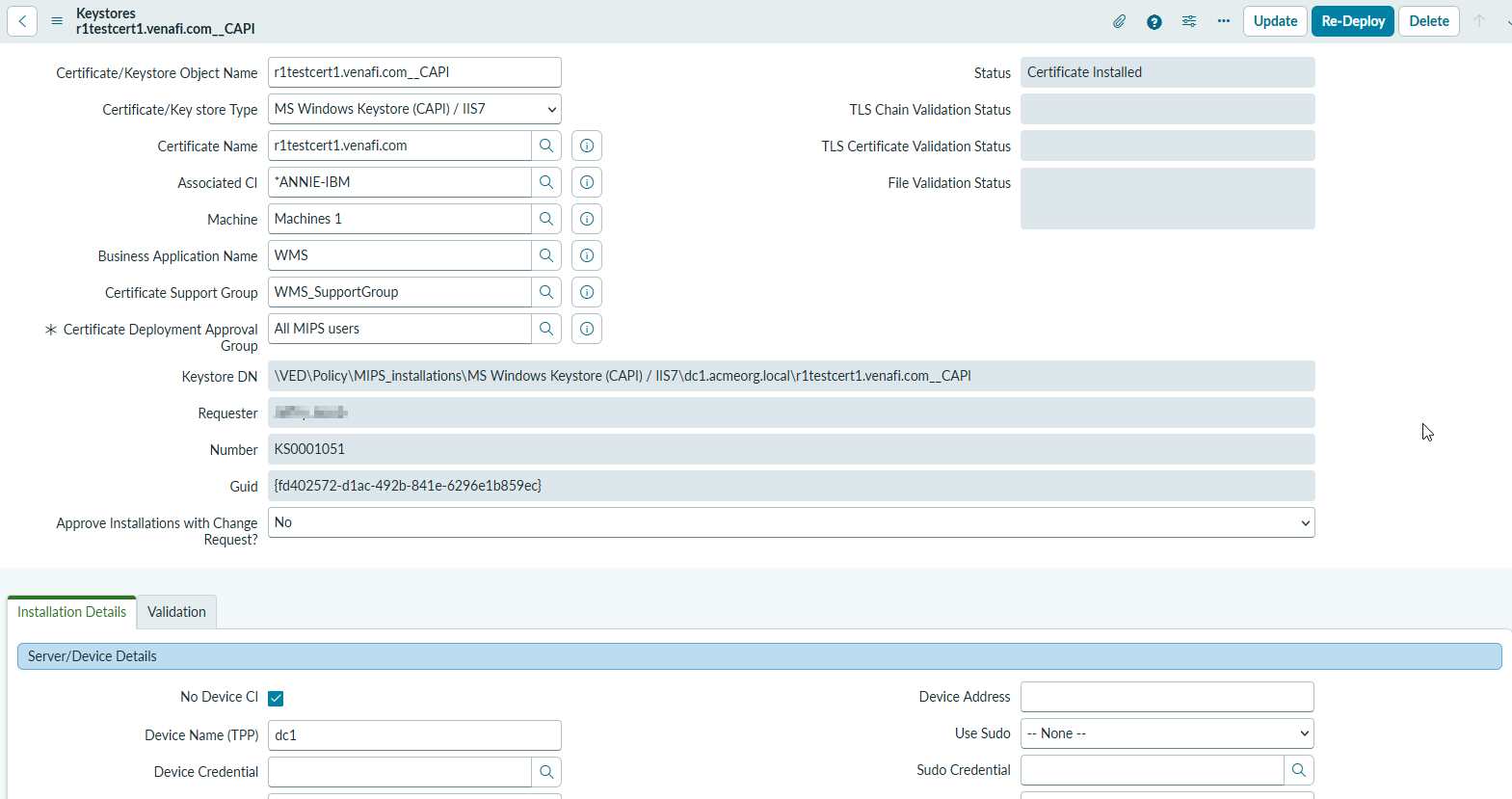 MIPS keystore record in ServiceNow showing installation location, keystore type and associated configuration item
